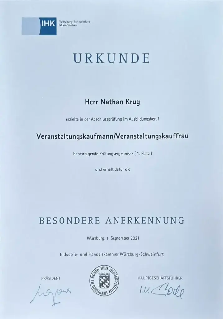 Hochzeits DJ Nathan White 5 Eventmanager Urkunde DJ Nathan White